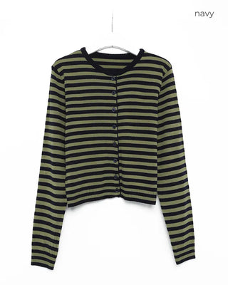 Round neck striped knit cardigan