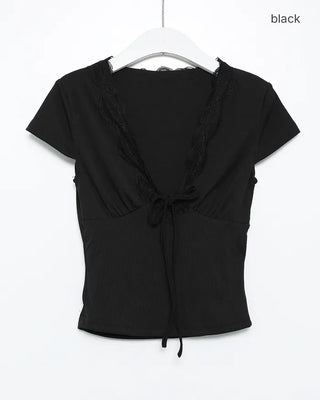 Lace V-neck strap gathered cap sleeve