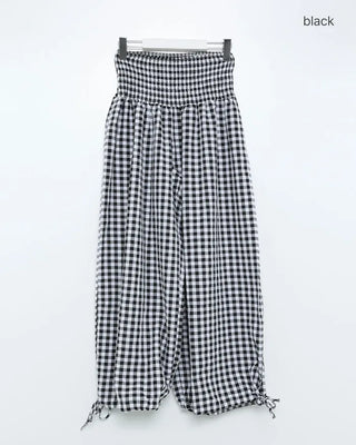 Shirred wide-waist gingham check pants