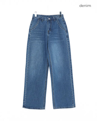 Stud Point Wide Semi-Bootcut Denim Pants