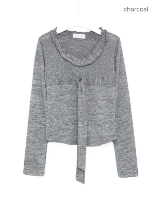 Frill Jewel Neck Ribbon Bust Long T-Shirt