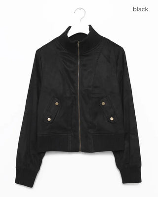 Ribbed High-Neck Suede Zip Jacket