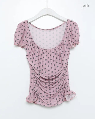 Polka Dot Gathered Slim Short-Sleeve Blouse