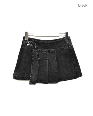Side-adjustable wrap pleated denim mini skirt