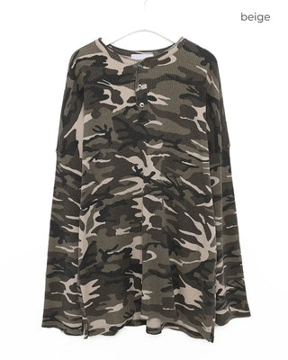 (Unisex) Camouflage Henley Neck Long T-Shirt