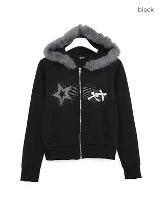 Ribbon Shooting Star Double Zip Fur Hoodie