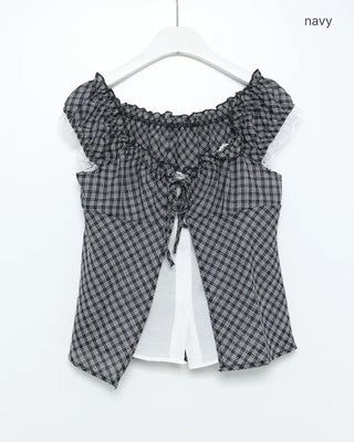 Checked layered off-shoulder blouse