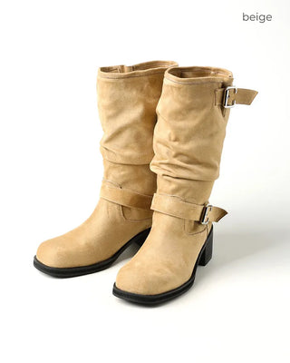 Buckle Shirring Mid-Calf Boots
