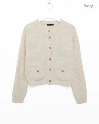 Gold Button Square Pocket Ribbed Cardigan