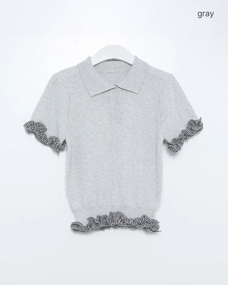 Checked frill detail short-sleeved knit