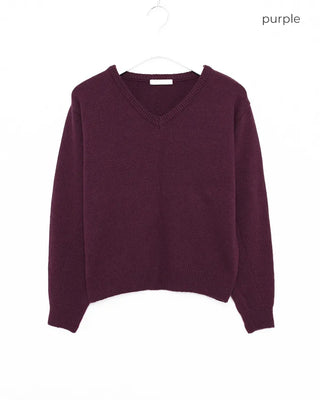 Ribbed V-neck semi-cropped high-gauge knit
