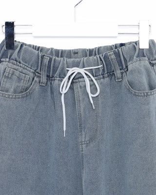 Elastic waistband drawstring denim wide-leg pants