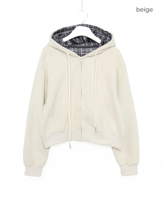 Inner tartan check cropped hooded parka