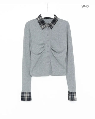 Checked two-tone gathered neck shirt