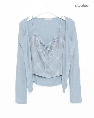 Check sleeveless cardigan set