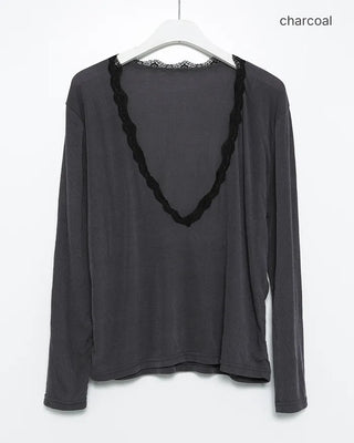 Lace Deep V-Neck Long Sleeve Cut and Sewn