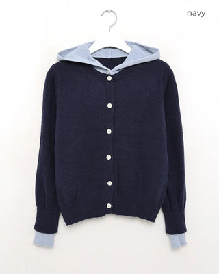 Layered knit hooded cardigan