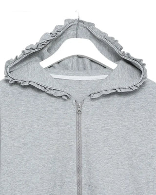 Shirred ruffle hem zip hoodie