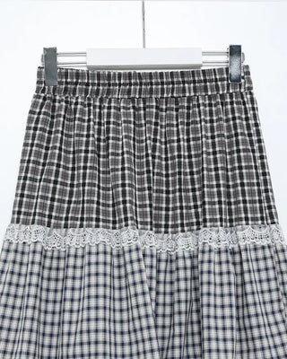 Check pattern lace detail long skirt