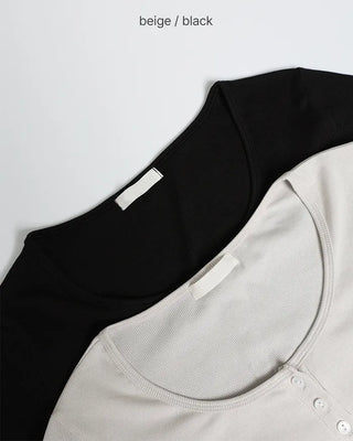 Half-open neck simple ribbed long-sleeve T-shirt