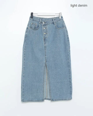 Asymmetrical 3-button denim long skirt