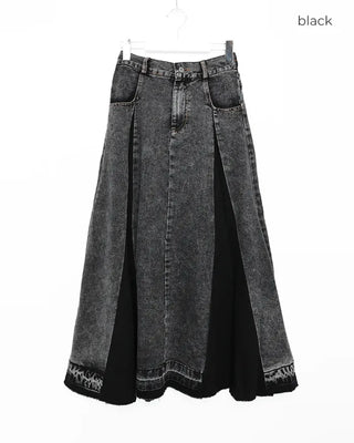 Slit two-tone denim long skirt