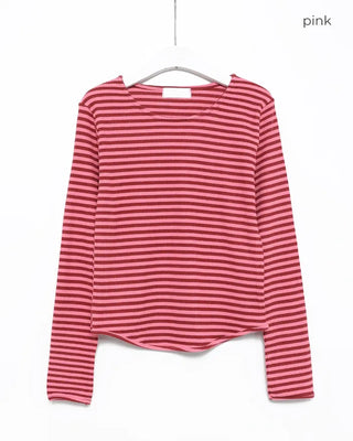 Oblong neck round hem border ribbed long T-shirt