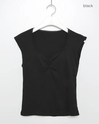 Bust Gathered Lace Heart Neck Ribbed Sleeveless
