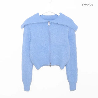 Angora Texture Color Zipper Cardigan