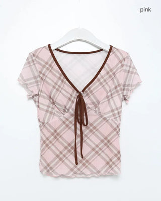 Checkered pattern cutout detail blouse
