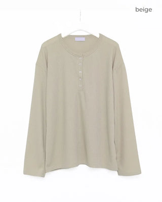 Henley neck long-sleeved knit