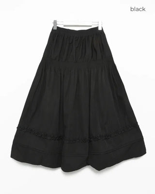 Shirred frill yoke flared long skirt