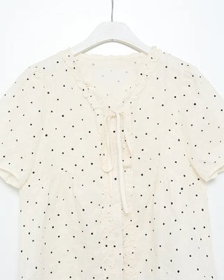 V-neck polka dot pattern ruffle blouse