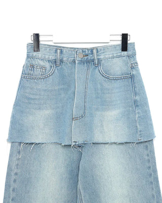 Cut-off wrap skirt & wide-leg denim set