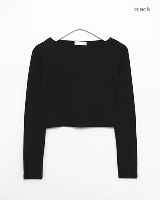 Boat neck cropped ribbed long-sleeve cut and sew