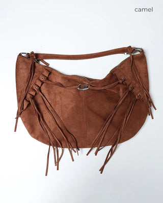 Frilled fringe suede hobo bag