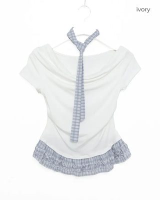 Checked frill shirred half-sleeve T-shirt