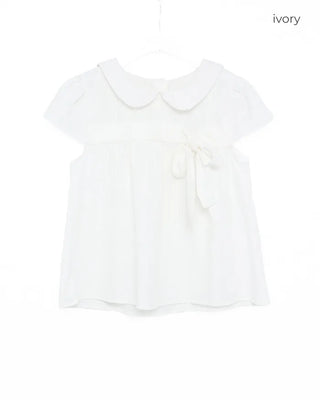 Ribbon bust detail round collar short-sleeved blouse