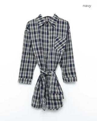 Waist-string check long shirt