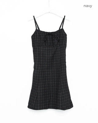 Shirred check sleeveless mini dress