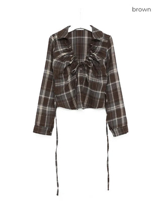 V-neck button-up check flannel blouse