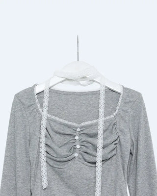 Scarf & Lace Gathered Long Sleeve Shirt Set