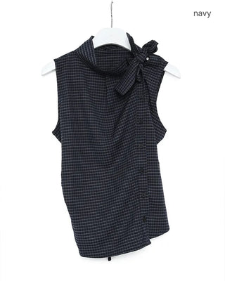 Checkered high-neck sleeveless blouse with bow tie