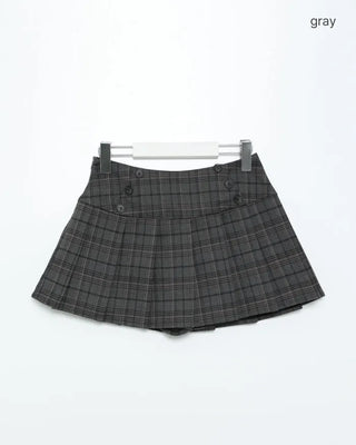Checkered button pleated mini skirt