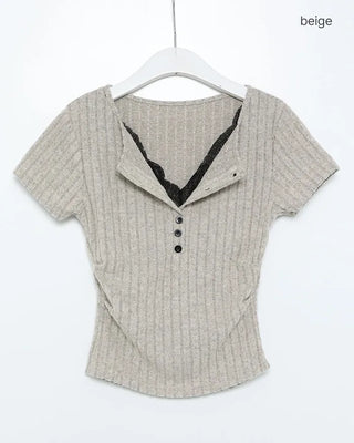 Lace-layered short-sleeved T-shirt