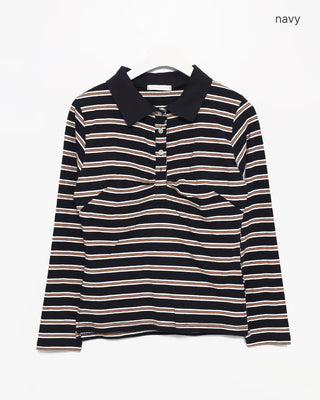 Triple Border Polo Neck Gathered Long T-Shirt