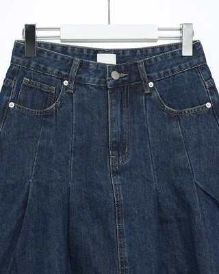 Dart-tucked denim midi skirt
