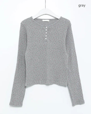 Henley Neck Flower Thermal Long T-Shirt