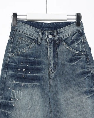 Mixed stud deep whisker wash denim pants
