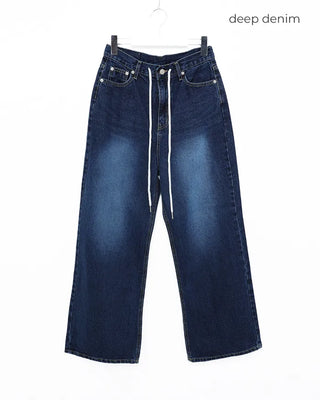 Straight-leg denim pants with string waistband